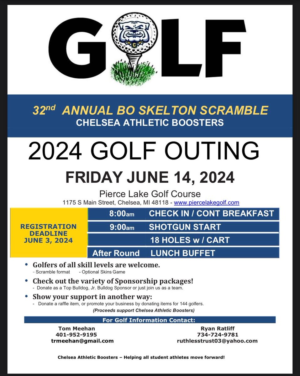 ChelseaFB_SEC's tweet photo. Bulldog Football Fans!!! The Chelsea Athletic Boosters are looking for teams and sponsors for the 32nd Annual Bo Skelton Gold Outing. Here is all the information you need to register your foursome or sponsor Chelsea Athletics! #HitEmStraight https://t.co/DZvfmyp01y