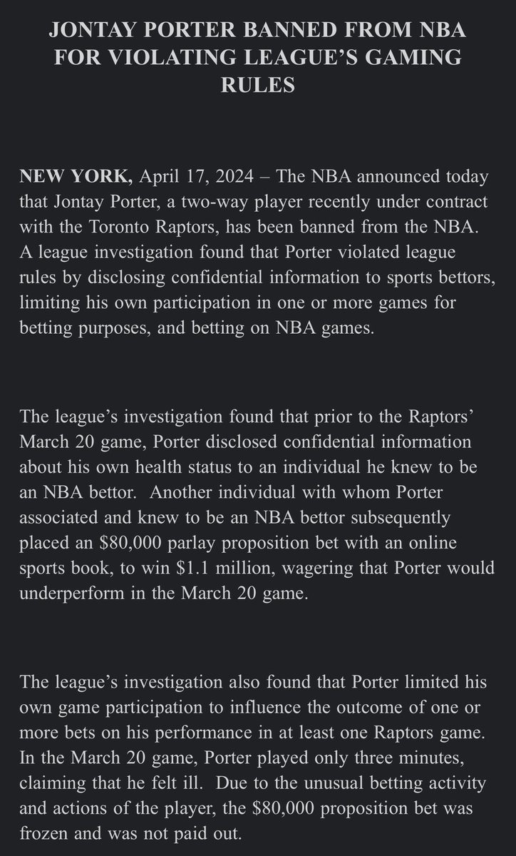 Former Raptor Jontay Porter banned from the NBA due to disclosing confidential info to sports bettors, limiting his performance in at least 1 game and betting on NBA games, the league announced Wednesday. #nba #sportsbetting