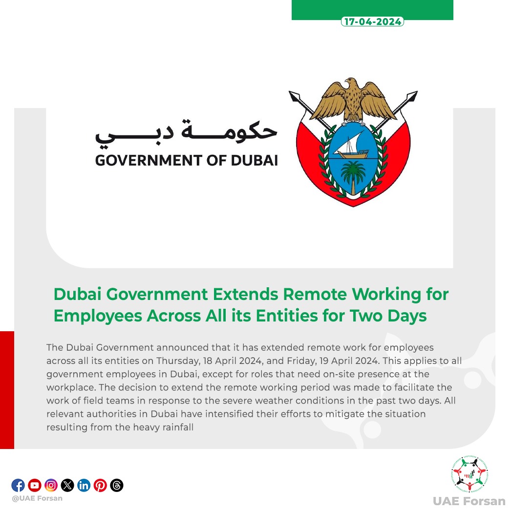 Dubai Government Extends Remote Working for Employees Across All its Entities for Two Days #UAE #Dubai #Uaeweather #امطار_الخير #دبي_الان @DXBMediaOffice