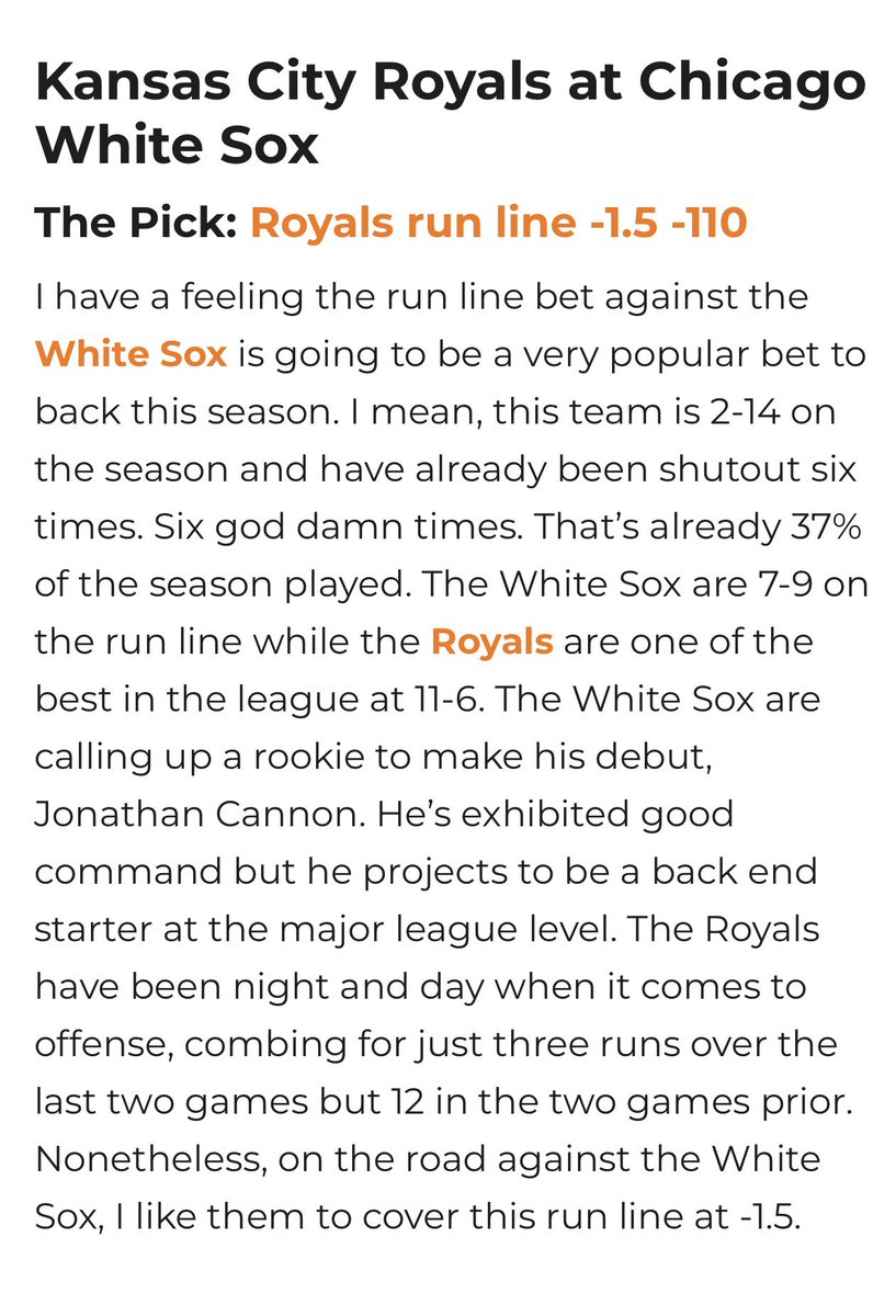 I wrote up Royals -1.5 yesterday, which got rained out. Going back to that today for Game 1. The same write up applies