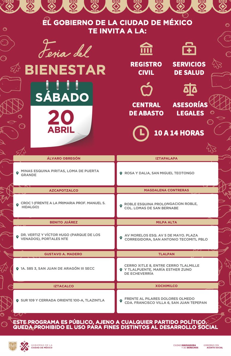 Acércate a las #FeriasDelBienestar 🎪 del @GobCDMX, aquí encontrarás: 🤲🏽❤️Módulo de #SaludEnTuVida ⚖️ Asesoría jurídica con la @CDMXConsejeria 📃Actas de nacimiento con @DGRCivilCDMX 🍊 Productos a bajo precio desde la @CdeAbastoCDMX y más ⏰De 10 a 14 horas