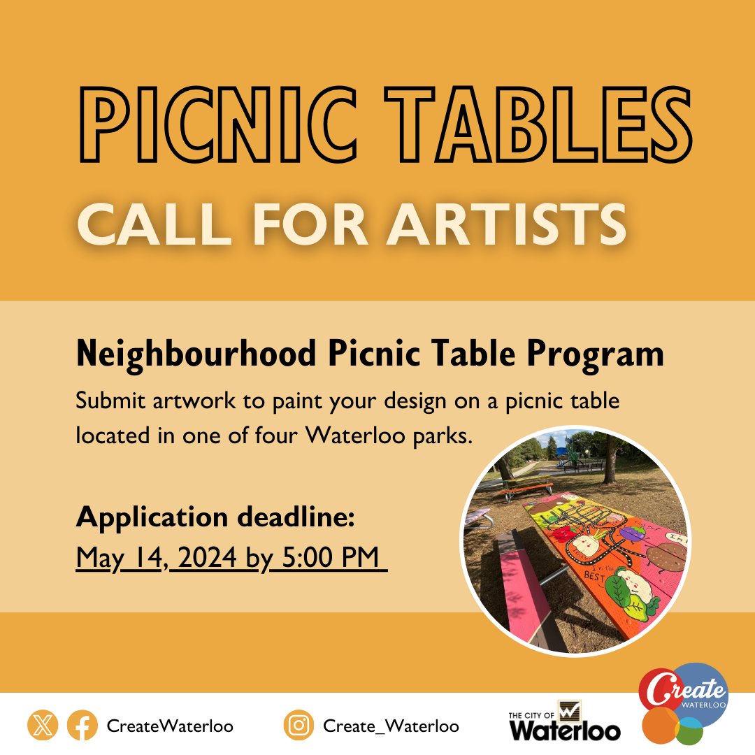 Applications are now open for the @citywaterloo Neighbourhood Picnic Table Program!🧺 Up to 12 artists will be invited to paint their designs on picnic tables located in one of four Waterloo parks as part of this call. 📆Deadline: May 14 by 5 PM ⠀ Apply today! 🔗 Link in bio.