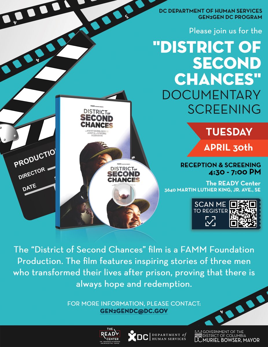 DCHumanServ: In observance of “Second Chance Month”, the @DCHumanServ READY Center team is hosting a @FAMMFoundation production screening of the documentary “District of Second Chances”. Be inspired by stories of hope and transformation. See you there!