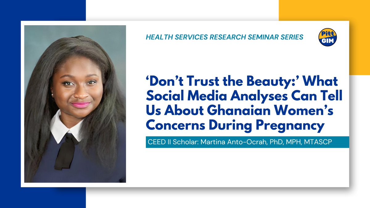 Today's final presenter is @PittGIM Assistant Professor & @PittICRE CEED Scholar @DrMartinaPhD, sharing her study analyzing how #PregnantWomen in #Ghana, West Africa, utilize #Facebook to inform decision-making on their most salient #pregnancy concerns.