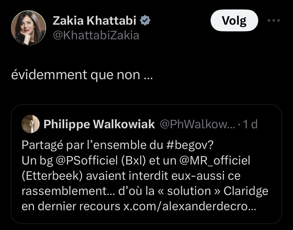 Ecolo-@groen-minister @KhattabiZakia schaart zich uitdrukkelijk niet achter de (late!) veroordeling van premier @alexanderdecroo van het verbod op vergaderen van @NatConTalk door (ex-)PS-burgemeester @emir_kir. #stemzeweg #NatCon2024