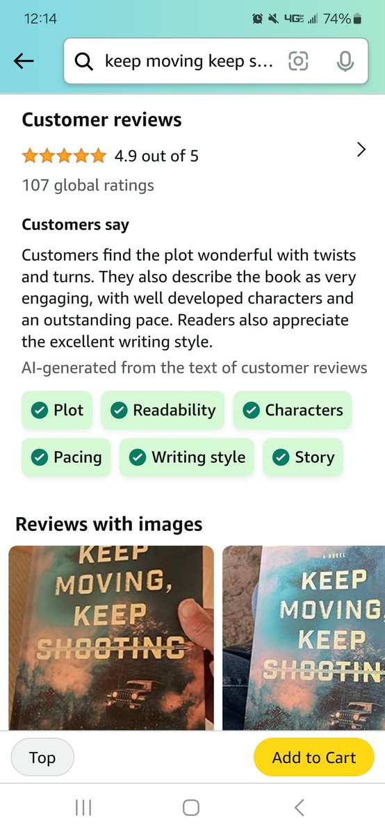 cnovakauthor's tweet image. Sooo....AI does a review summary on Amazon. 

This is what it pulled from all the reviews of Keep Moving, Keep Shooting. Don't take my word for it, take everyone else's word for it. 

#keepmovingkeepshooting #KMKS #ReaderReview #fictionbooks #action #suspense