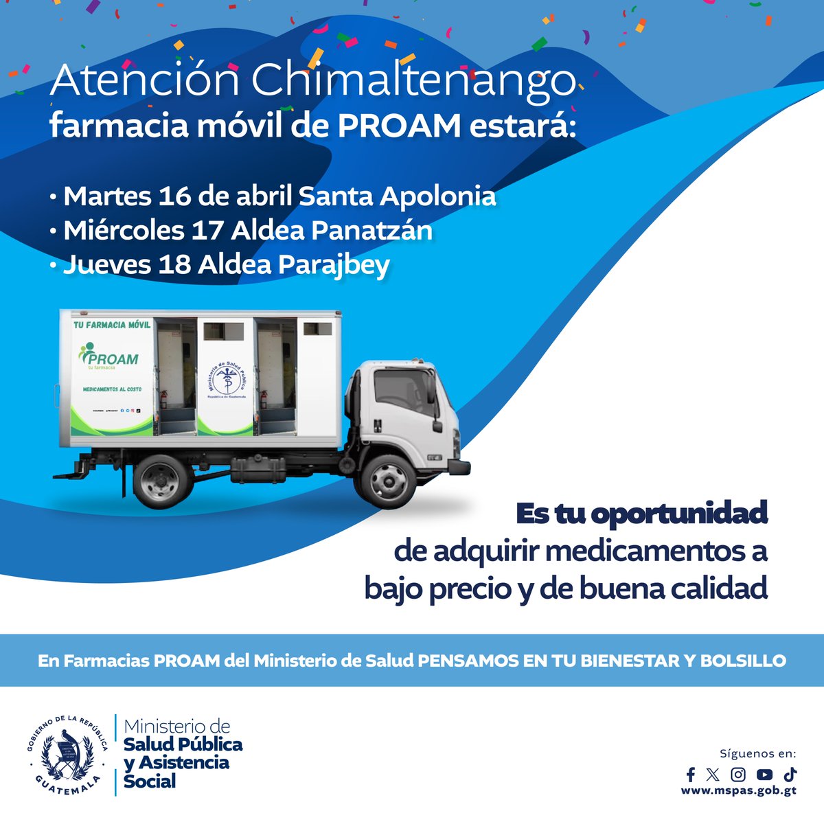 🗓️📍 ¡La farmacia móvil @proamgt está de visita en #Chimaltenango! Conoce dónde estará ubicada estos días y no te pierdas la oportunidad de adquirir medicamentos de buena calidad a precios bajos. 💊🚑 #GuatemalaSaleAdelante