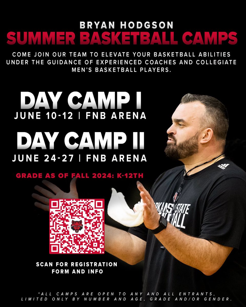 Coach Hodgson, staff, and players are excited to invite you to join them this summer to enhance your skills! (Note that Camp l dates have been changed) Registration is open, but spots are limited to 200 campers.

To secure a spot, visit bryanhodgsonbasketballcamps.com/index.cfm or scan the QR code