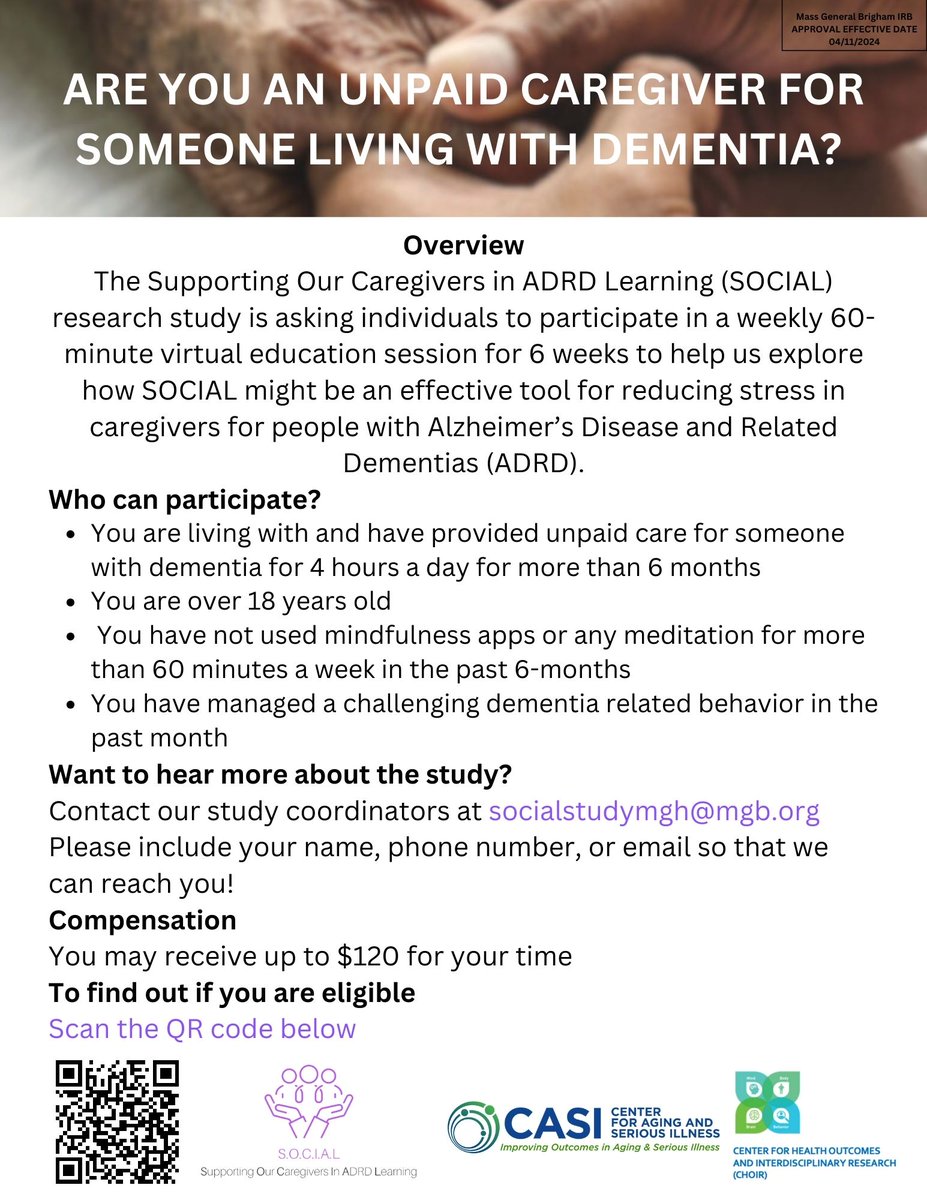 📢We are looking for unpaid dementia caregivers to participate in our 6-week virtual education program📢 Please consider sharing the study flyer within your network. Reach out to us via DM if you have any questions!