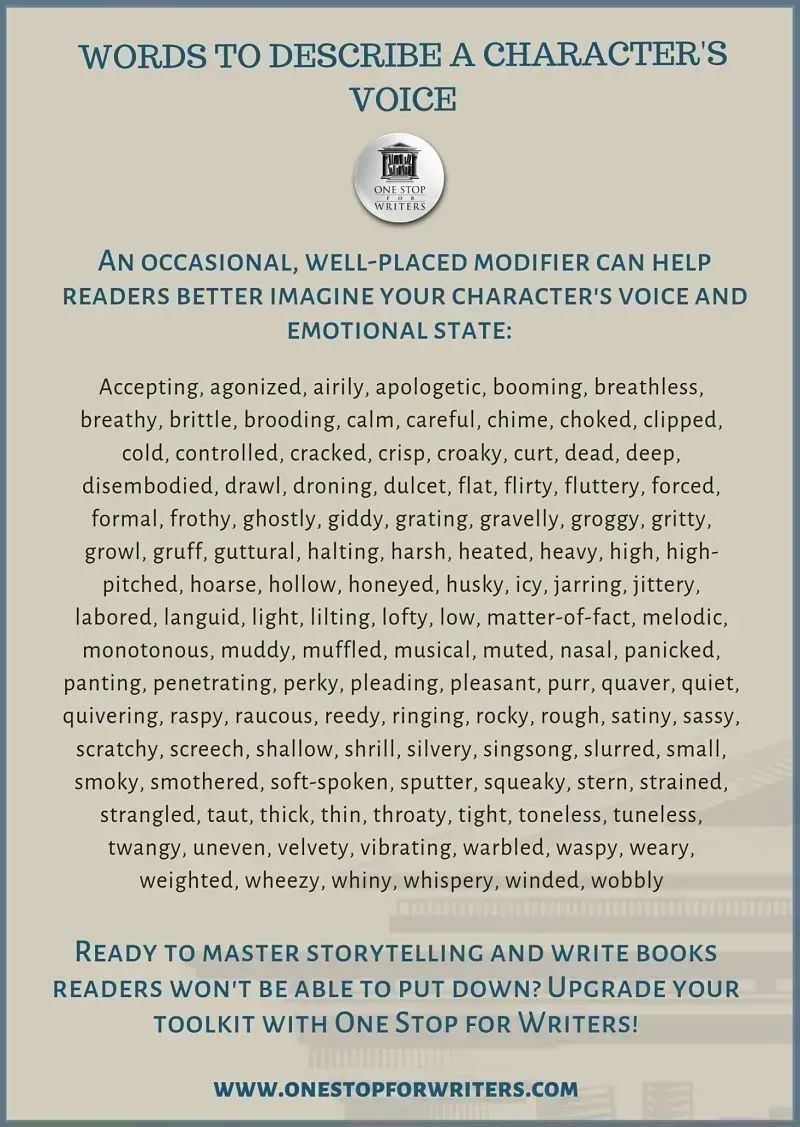 Did you know the right description of a character's voice can help convey the emotions they are feeling? One Stop for Writers has a list for describing voices that can be a great source of ideas. Download it here: buff.ly/43PEmE1 #writing #writetip *
