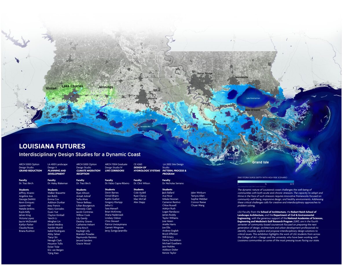 LSU faculty, supported by @theNASEM's Gulf Research Program, are training @LSU students to propose interdisciplinary design solutions to critical coastal issues. The work is culminating in an exhibition now on view in the Boyce Gallery: design.lsu.edu/louisiana-futu… #LSU