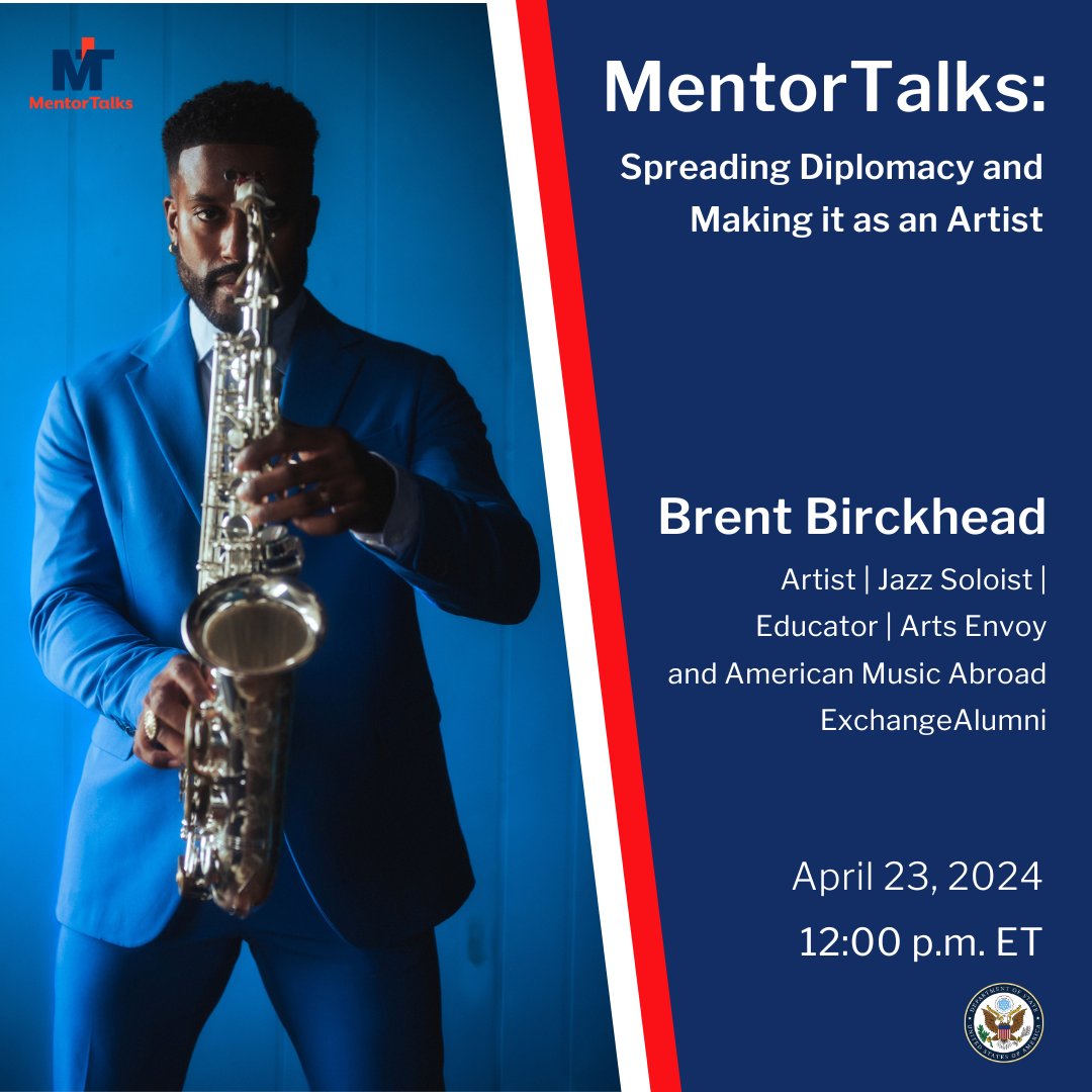 Next Tuesday, artist and Arts Envoy and AMA Alumnus Brent Birckhead joins MentorTalks on IG Live (@voicesofexchange) in honor of Jazz Appreciation Month. We'll hear how he prepares for each tour and what it really takes to succeed as an artist.

#cultureatstate #exchangeourworld