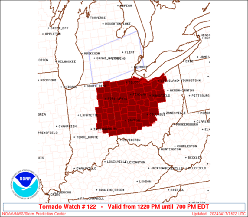 Tornado Watch 122
Eastern Indiana, Western/Central Ohio, Lake Erie
Until 700 PM EDT

* Primary threats include...
A couple tornadoes possible
Scattered damaging wind gusts to 70 mph possible
Scattered large hail to 1.5' diameter possible
#inwx #ohwx #lewx
spc.noaa.gov/products/watch…