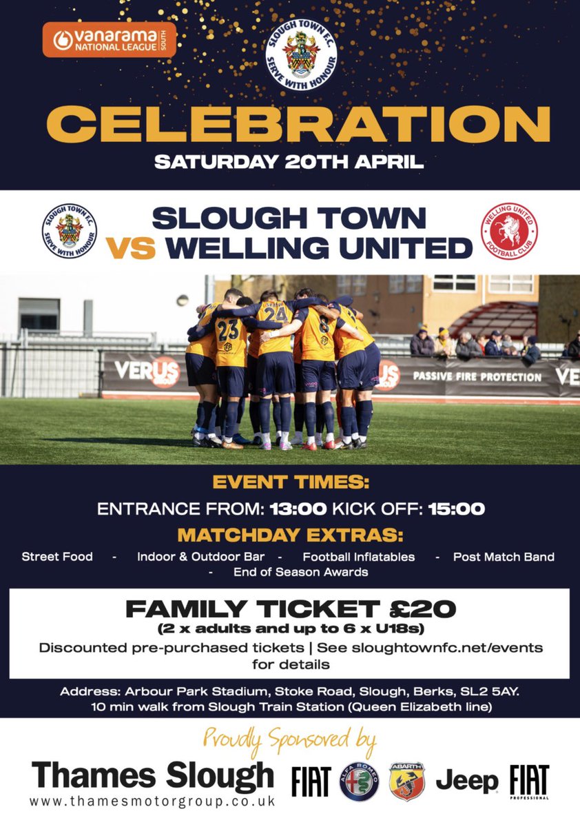 𝗘𝗡𝗗 𝗢𝗙 𝗦𝗘𝗔𝗦𝗢𝗡 𝗖𝗘𝗟𝗘𝗕𝗥𝗔𝗧𝗜𝗢𝗡𝗦 🎉 Make sure you join us on Saturday! ✅ Activities for all the family ✅ Food from Barbarian Grill and Funky Elephant ✅ Live music ✅ End of season awards Get tickets from sloughtownfc.net/events now! #OneSlough