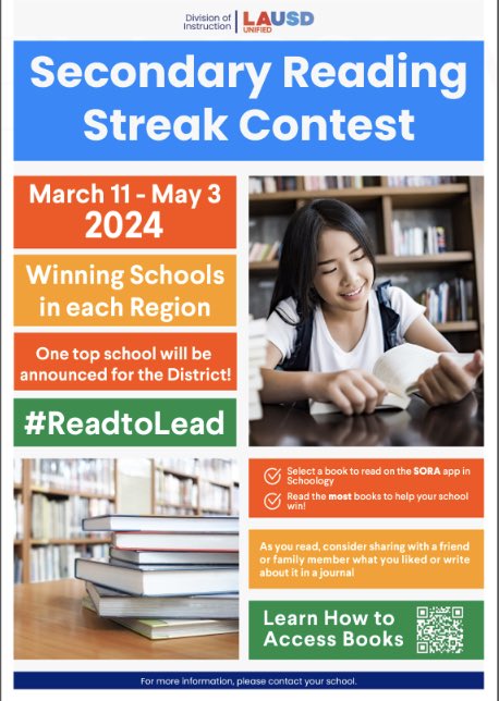 We’re weeks away for the conclusion of our Reading Streak Contest. There’s still time to check out books via #sora and escape to new lands, new places, a new world! #LAUSDReads #Read2LeadLAUSD literacy movement.