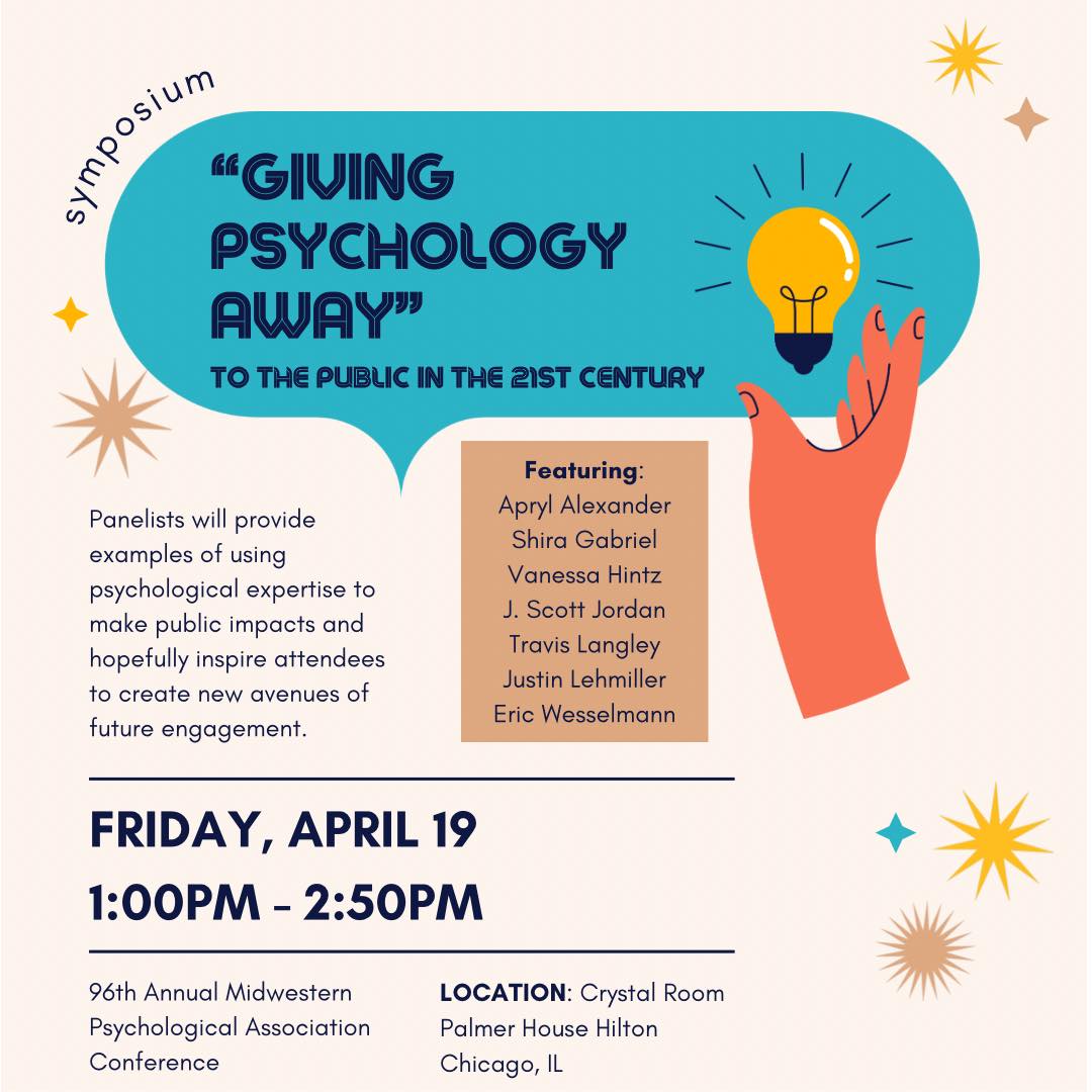I have the immense pleasure and privilege to moderate and share the stage with these amazing scholars, colleagues, and communicators at <a href="/MidwesternPsych/">MidwesternPsychAssociation</a> 
#2024MPA. <a href="/DrAprylA/">Dr. Apryl Alexander</a> Shira Gabriel <a href="/DrVanessaHintz/">Dr. Vanessa Hintz (she/her)</a> <a href="/jordanjamparty/">J. Scott Jordan</a> <a href="/Superherologist/">Dr. Travis Langley</a> <a href="/JustinLehmiller/">Justin Lehmiller</a> 
Come join us!