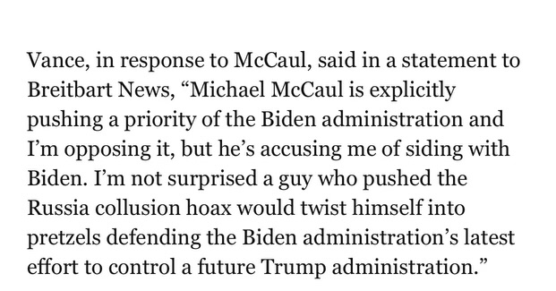 So RINO @RepMcCaul curiously decided to attack @JDVance1 and compare him to Joe Biden for *opposing* the Biden-GOP Leadership backed REPO Act, which is slated to be part of the Ukraine foreign aid package. Here is JD's response: