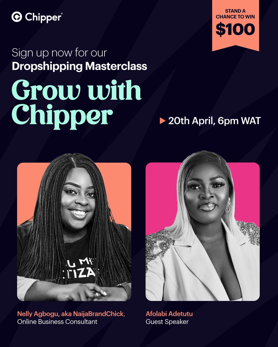 📅 Mark Your Calendar! Saturday, April 20th - Join us for an exclusive Dropshipping Masterclass on our 'Grow with Chipper' Series! Prepare for an enlightening session with @nellyagbogu , also known as NaijaBrandChick, the guru of Online Businesses specializing in leveraging…