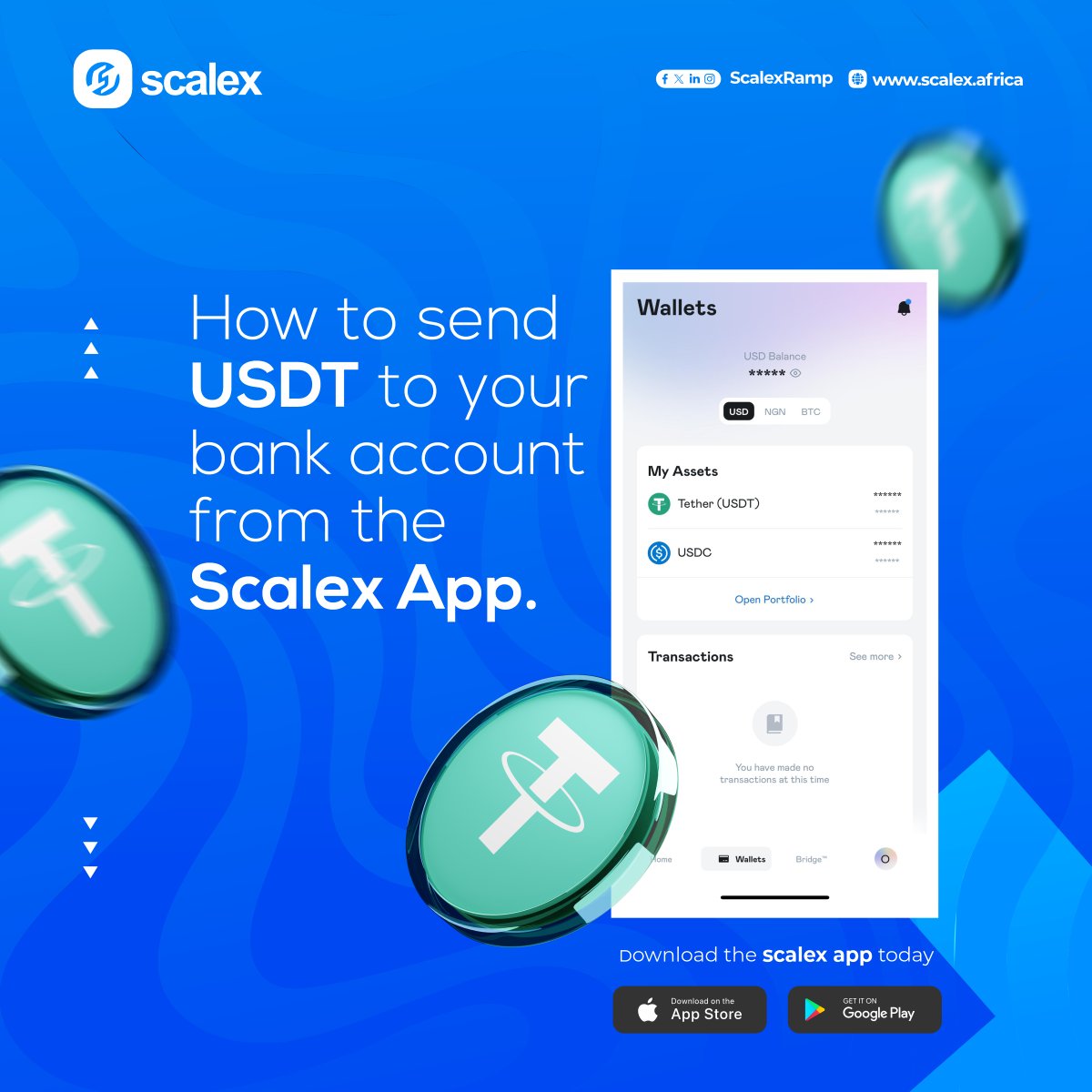 Converting your USDT to Naira has never been this easy. Here’s how Sule is doing it;

Step 1: Download the Scalex App (iOS; bit.ly/44cC9mc, Android; bit.ly/426xsbG)

Step 2: Signup or Login

Step 3: Deposit $USDT to your Wallet

Step 4: Navigate to the 'Bridge'