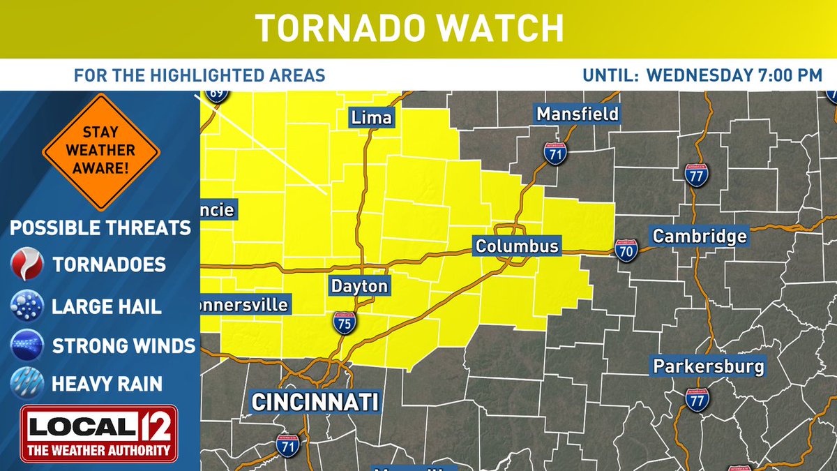 ⚠️ A Tornado WATCH has been issued for the highlighted areas until 4/17 7:00PM. Storms with tornadoes, damaging winds, large hail, heavy rain & frequent lightning possible. Stay weather-aware! More: local12.com/weather