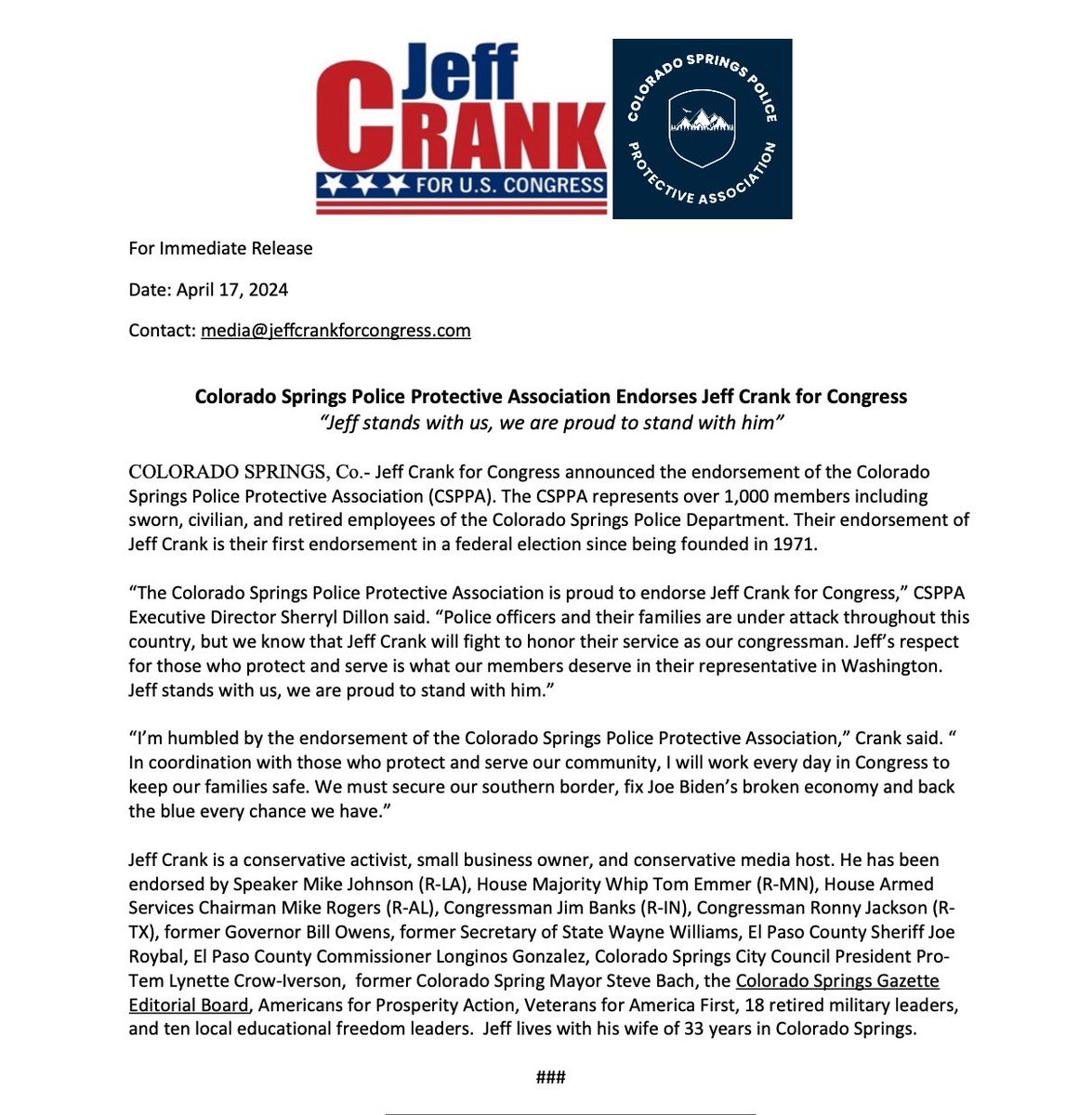 I have so much respect for the men and women who keep us safe everyday- our first responders. Of all the endorsements we have received for the campaign, this is my most cherished- the Colorado Springs Police Protective Association. #backtheblue