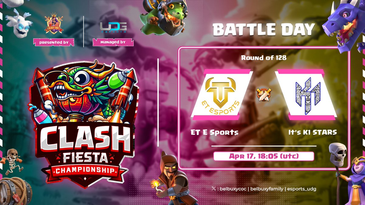 🏆 Clash Fiesta Championship 🏆 🌎 Round of 128 🌎 🎮 Match: ET E-Esports vs It's K1 Stars 🗓️ Date & Time: April 17, 2024 - 18:05 UTC Don't miss this epic clash that will keep you on the edge of your seat! 😱 #ClashFiestaChampionship @BelbuxyCoc @esports_udg @CoCEsports