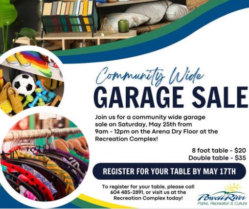 👀 Looking to do some spring cleaning? Then Powell River Parks, Recreation and Culture have the PERFECT event for you! 🥳The Community Wide Garage Sale is on Sat May 25. ℹ️ Call the Recreation Complex at 604-485-2891 or drop by the complex.