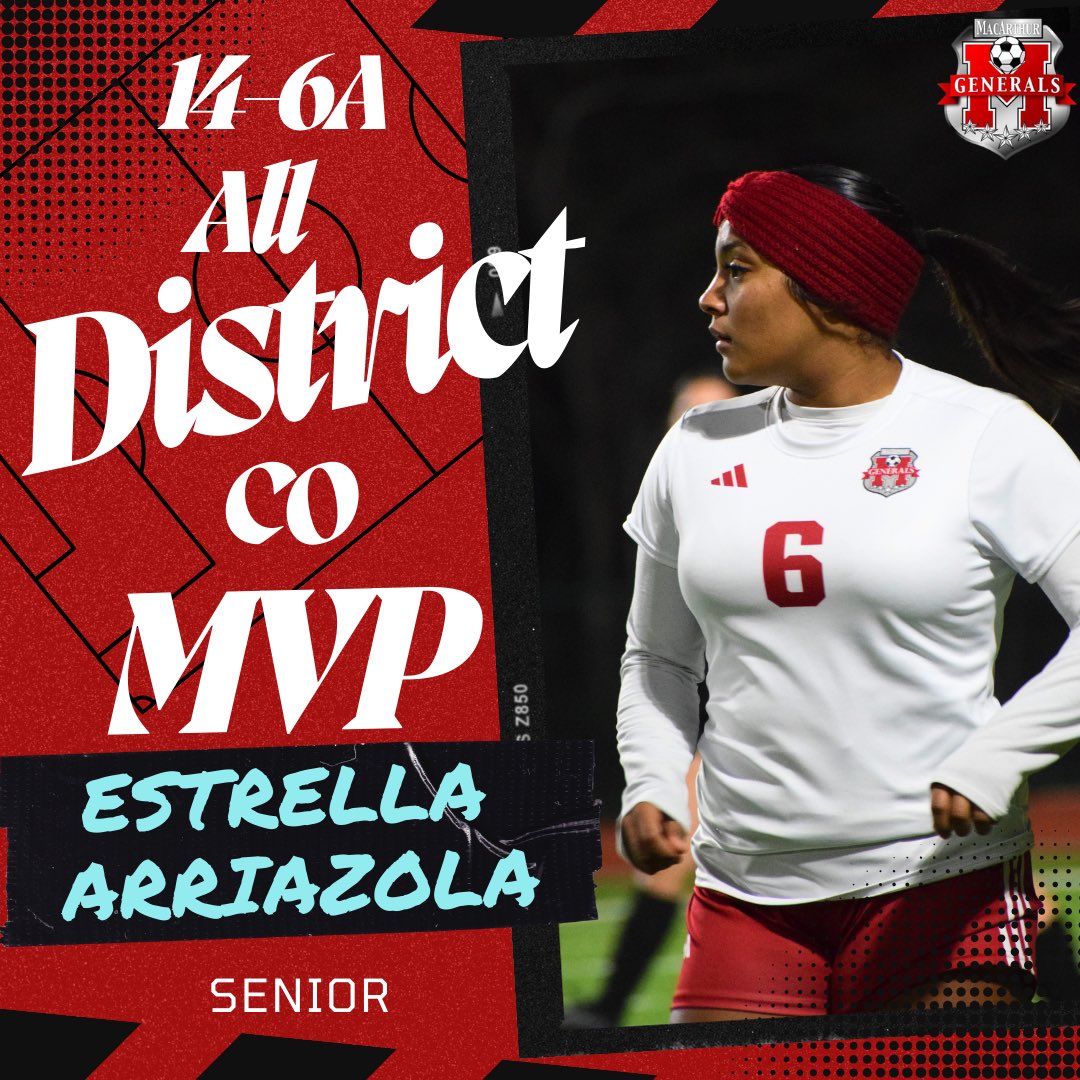 Congratulations 🎉 to Estrella Arriazola ⭐️ for being selected as 14-6A All District co MVP. There’s no doubt Estrella is a force to be reckoned with when she steps on that field. @Athletics_AISD @MacGenAthletics @MacArthur_AISD @HoustonChronHS @LethalSoccer #MPND