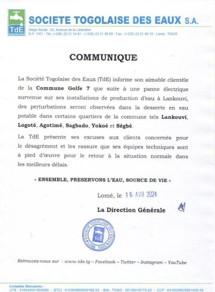 #Communiqué sur la perturbation dans la fourniture d'#eaupotable dans certains quartiers de la commune <a href="/7_golfe/">Commune Golfe 7</a> à #Lomé
#Eaupotable
#TdE
<a href="/eau_tg/">Ministère de l'eau et de l'assainissement</a> <a href="/SPEAU2/">SP-EAU Officiel</a> <a href="/laTdE_SA/">TdE Officiel</a> <a href="/TogoOfficiel/">République Togolaise</a> <a href="/DAGL_TG/">DAGL</a>