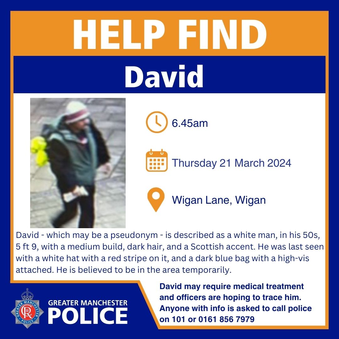 #MISSING | Can you help us find a missing man? He gave his name as David, but this may be a pseudonym - he also may require medical treatment and officers are appealing for information. Any info? Please call 101.