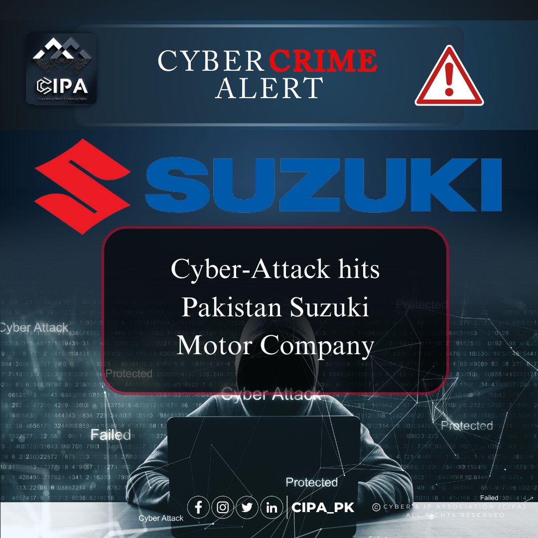 Pak Suzuki Motor Company faces cyber-attack, leaks corporate data. Investigations underway to assess damage and mitigate threats.

#Cipa_pk #dataprotection #digitalrights #intellectualpropertyrights #cyber #Suzuki