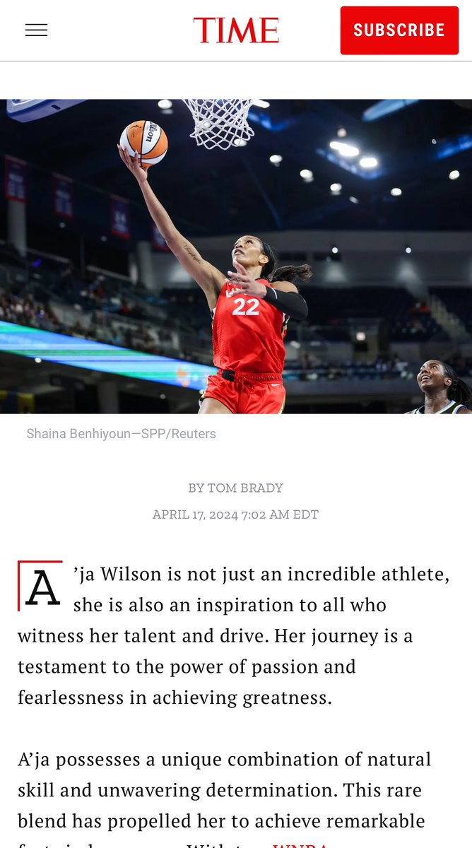 Congratulations to A’ja Wilson making Time magazines 100 most influential people. She’s one of six athletes on the list.  Well deserved. @_ajawilson22 #TimeMagazine