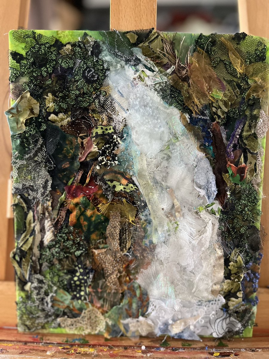 More tweaks today on my impression of the #waterfall near Hay-on-Wye. One of the advantages of being self-taught is that I have had to learn how to correct my mistakes until I have an image that reflects how I imagined it to be! #water #textiles #textileart