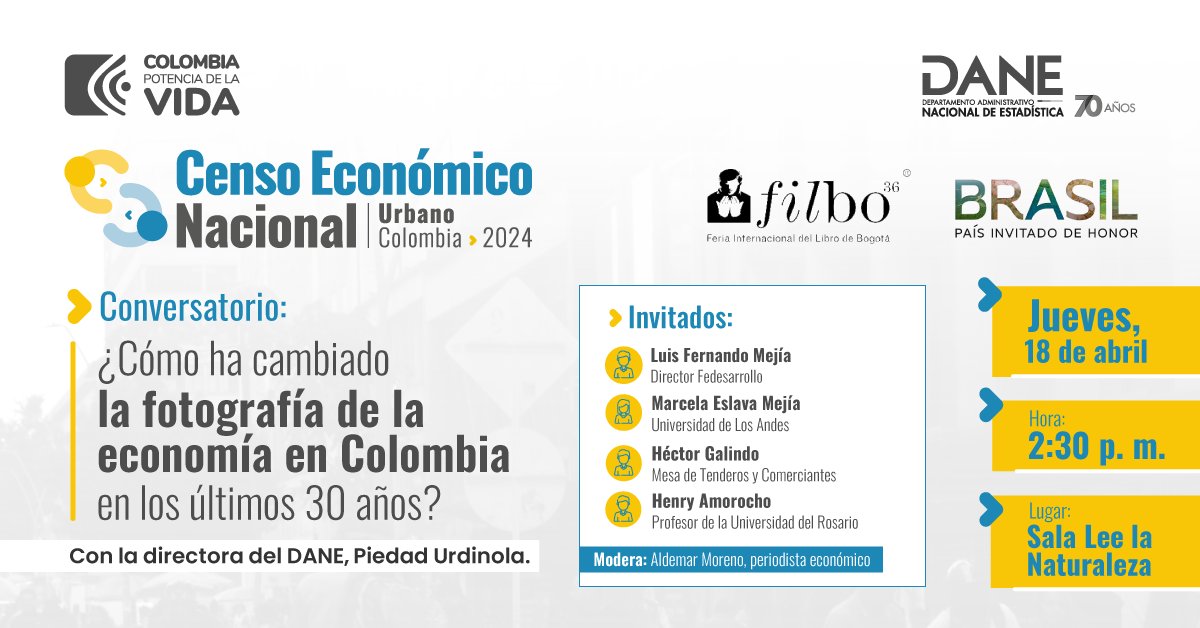 #DANEenlaFILBo 💡Mañana a las 2:30 p. m., no se pierdan nuestro conversatorio en la @FILBogota ¿Cómo ha evolucionado la fotografía de la economía en Colombia en los últimos 30 años? La directora del #DANE, @Purdinola, conversará con destacados panelistas del sector.