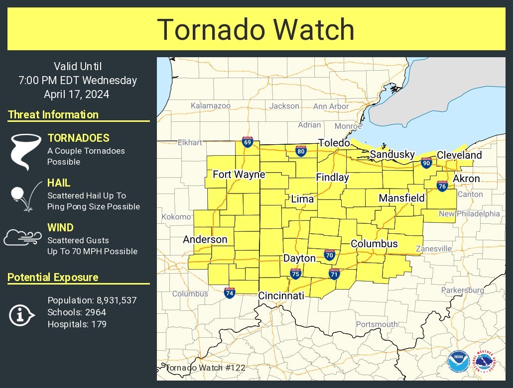 #TornadoWatch for W #Ohio and E #Indiana incl #Toledo,#DaytonOH,#Cincinnati,#Cleveland,#ColumbusOH,#Arkon,#Elyria,#WilmingtonOH,#FortWayne,#Muncie,#RichmondIN
#Wxtwitter #Tornado #Hail #Wind #SevereWX #SPC #INwx #OHwx