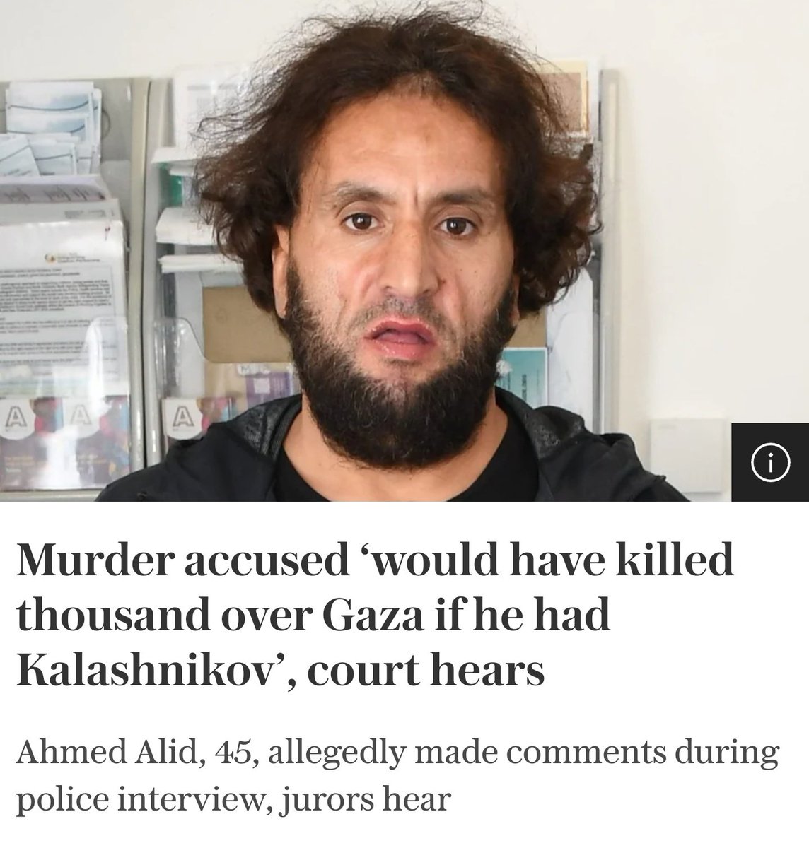 Moroccan asylum seeker Ahmed Alid murdered pensioner Terence Carney in Hartlepool on October 15th 2023, 'for the sake of Palestine'

In a recording played in court, Alid told police through an Arabic translator: 

'I swear to almighty Allah, if I had a heavy weapon this would be