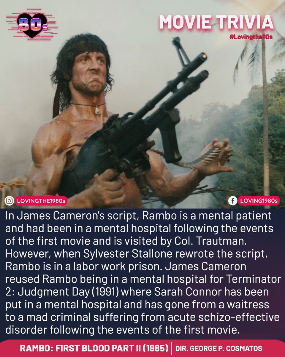 Movie Trivia: Rambo: First Blood Part II (1985)

#MovieTrivia #RamboFirstBloodPartII #Rambo #JamesCameron #SylvesterStallone #80sMovies #80sNostalgia