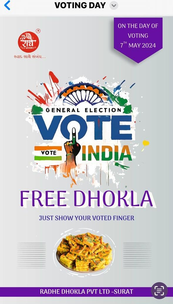 Innovative ideas by citizens to encourage voters to vote on poll day Credit: Radhe Dhokla, Surat and @collectorsurat #freedhokla #AvsarDiscount