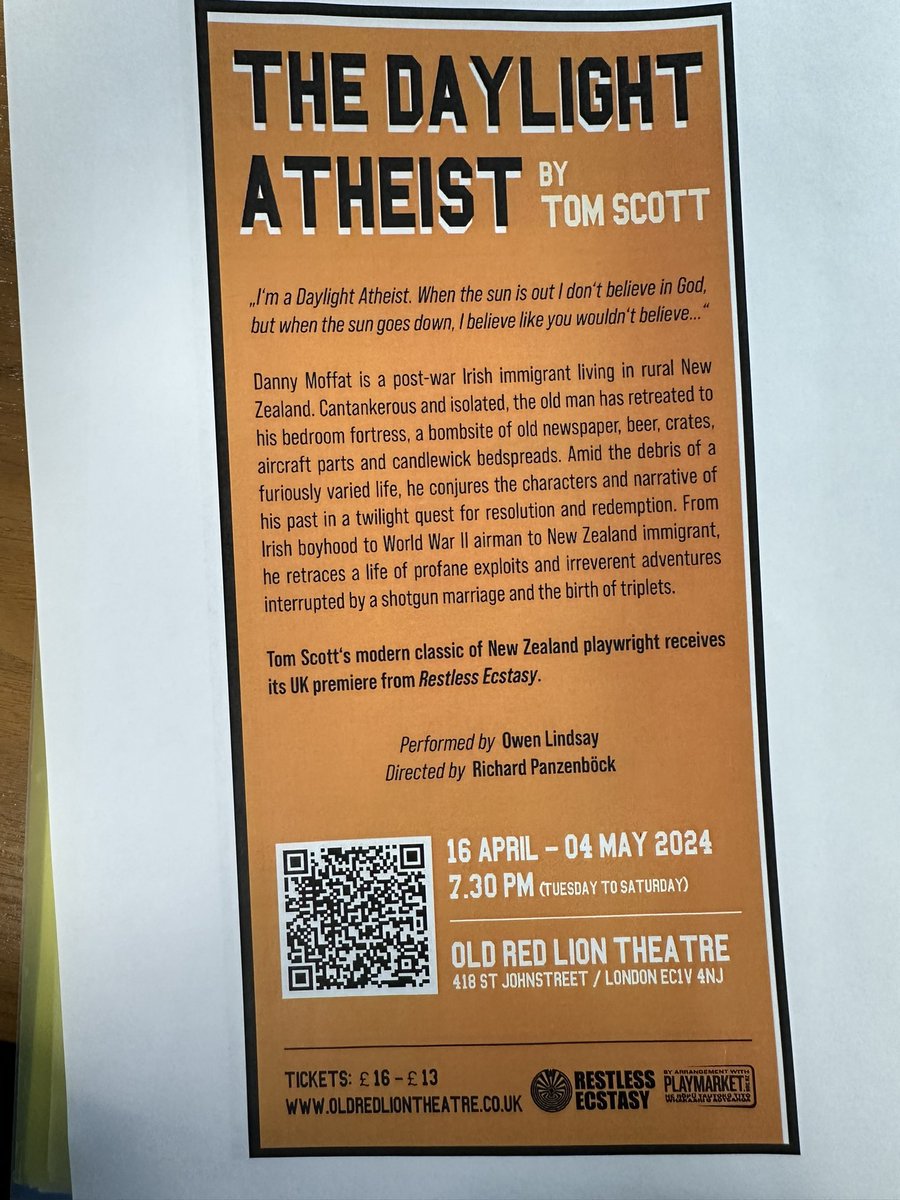 Great to have eminent NZ playwright, author, cartoonist and journalist, Tom Scott, in town for the opening night of his play The Daylight Atheist.