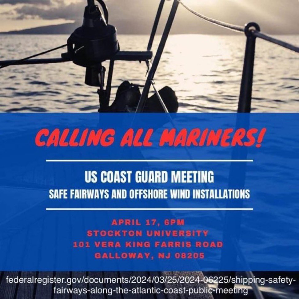 Tonight. US Coast Guard addresses mariner safety risks and navigating #offshorewind turbine hazards here in NJ. A must-attend, one-time PUBLIC session for all recreational boaters and fishermen. @fishstewardship @mtkblb @njcoast_protect @DefendBrig @saveLBIorg