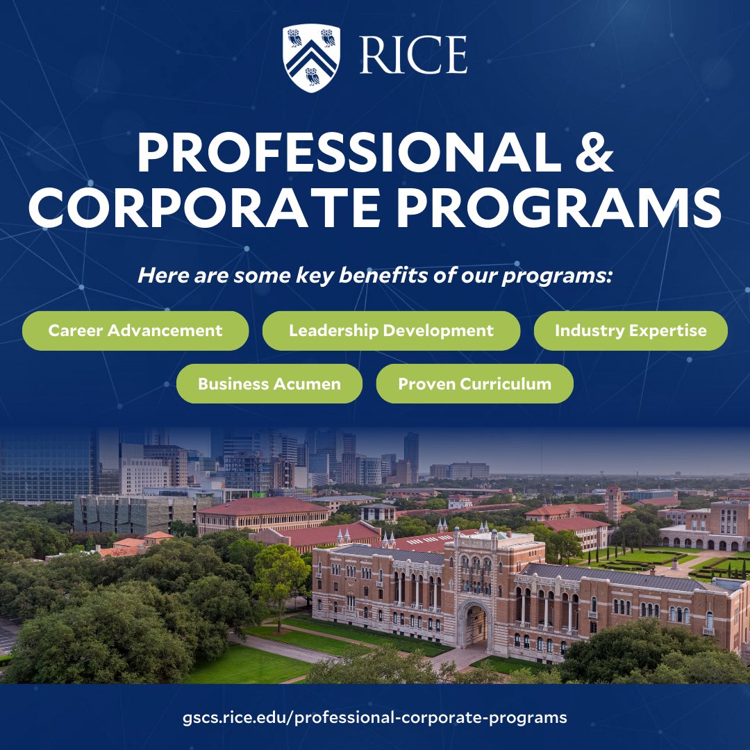 Unlock new career heights with @RiceUniversity's Professional & Corporate Programs! Elevate leadership, business skills, and industry expertise with us. Explore benefits & enroll today: bit.ly/3wQH67X #professionaldevelopment #RiceUniversity