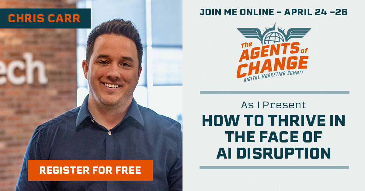 agentsofchange's tweet image. Introducing Chris Carr who will be presenting on How to Thrive in the Face of AI Disruption! #ai #aistrategy #aidisruption #digitalmarketing #aocp