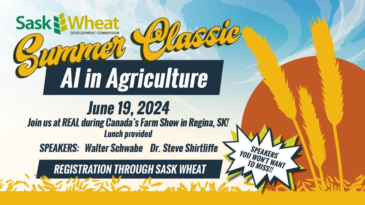 CALLING ALL PRODUCERS📢

Save the date for Sask Wheat's Summer Classic!! Hear from guest speakers Walter Schwabe and Dr. Steve Shirtliffe during our informative and exciting event based around AI in Agriculture!

Get your ticket today: 

saskwheat.ca/events/summerc…