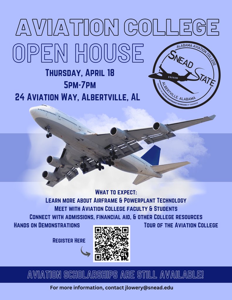 Tomorrow, The Snead State Aviation College is hosting an Open House on Thursday, April 18. Learn more about Airframe and Powerplant Technology, meet with Aviation College faculty and students, tour the aviation college, and more! #SneadState #CommCollege
