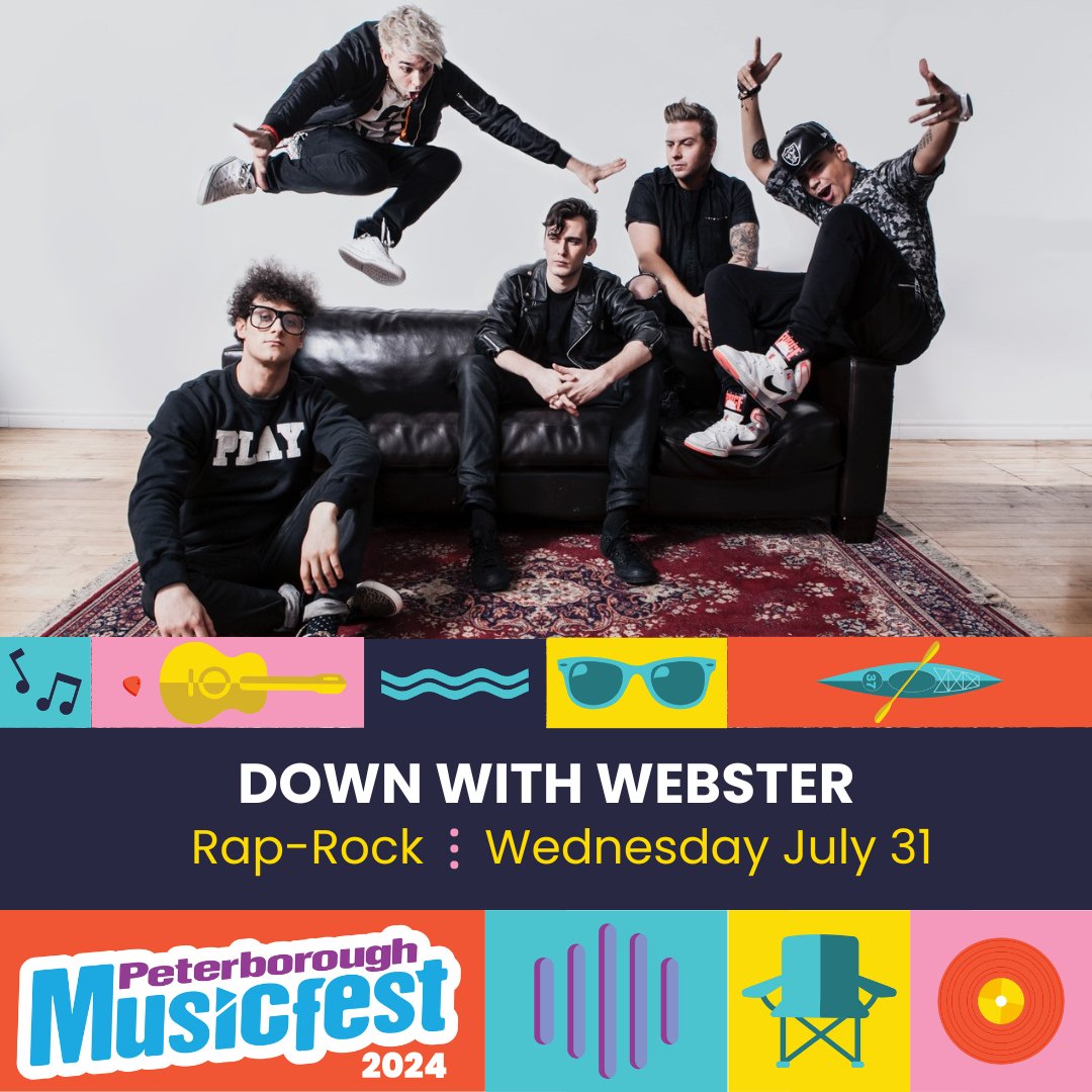 🎉 Exciting news, Peterborough Musicfest Fans! The high-energy rap/rock band hitting Del Crary Park on July 31st is none other than @Down With Webster! 🎶 🤘 See you at the Park! #PeterboroughMusicfest #DownWithWebster #SummerConcertSeries #FreeConcerts #lovelocalptbokawarthas