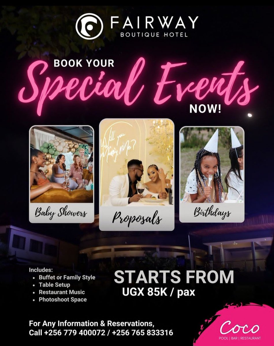 Allow us to celebrate your special days with you. 
Book with us through +256779400072 or +256765833316.
#cocopoolbar #fairwayhotelkla #parties #partyplanner #HomeAwayFromHome #morethanjustahotel #kampalafood #kampalalifestyle #hiddengems #bestplacestoeat