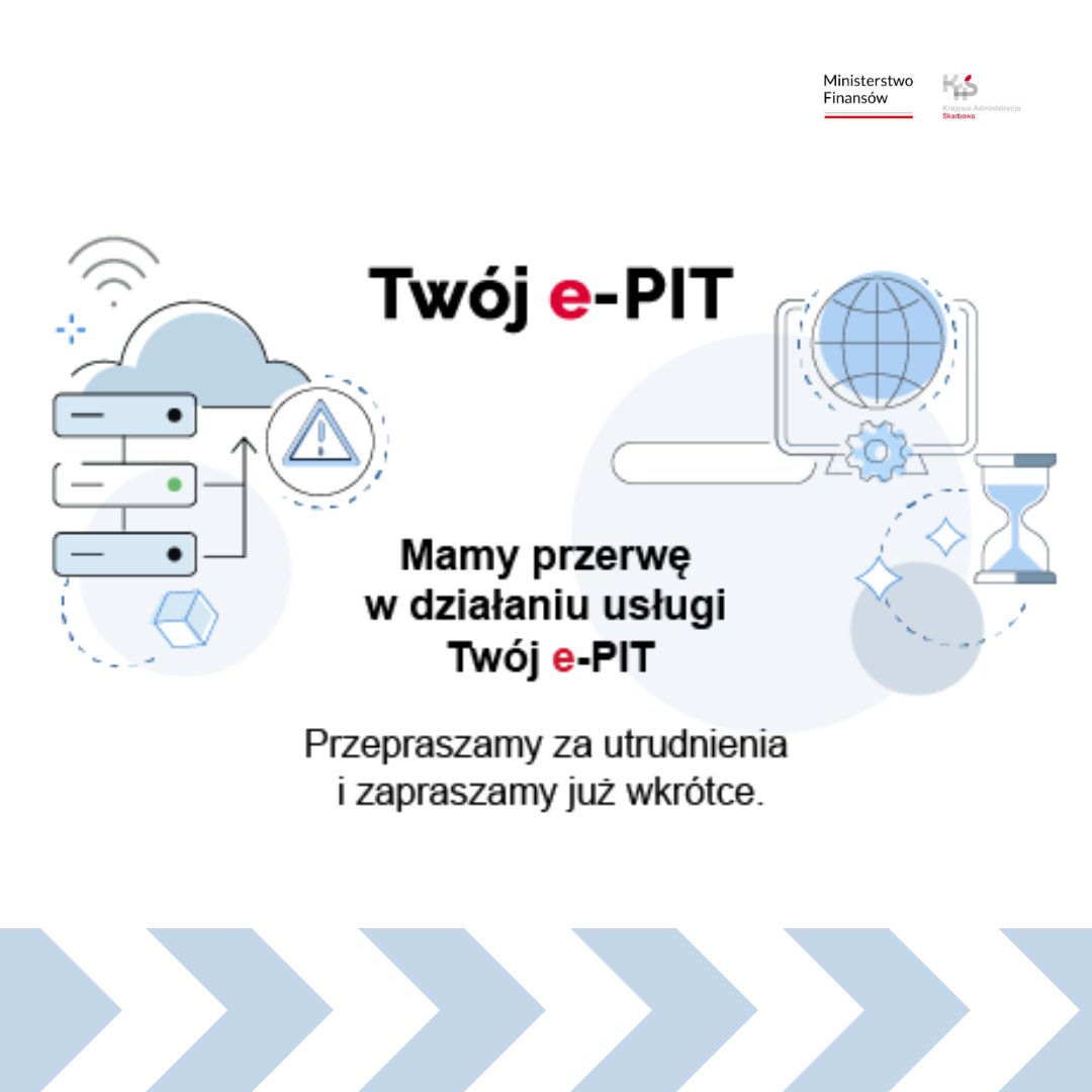 📢 Dzisiaj około godz. 23.00 zaczniemy prace serwisowe w #TwójePIT. 🔧 Przerwa w dostępności usługi potrwa około 70 minut. Pozostałe e-usługi w serwisie #TwójeUS będą w tym czasie dostępne. Przepraszamy za utrudnienia.