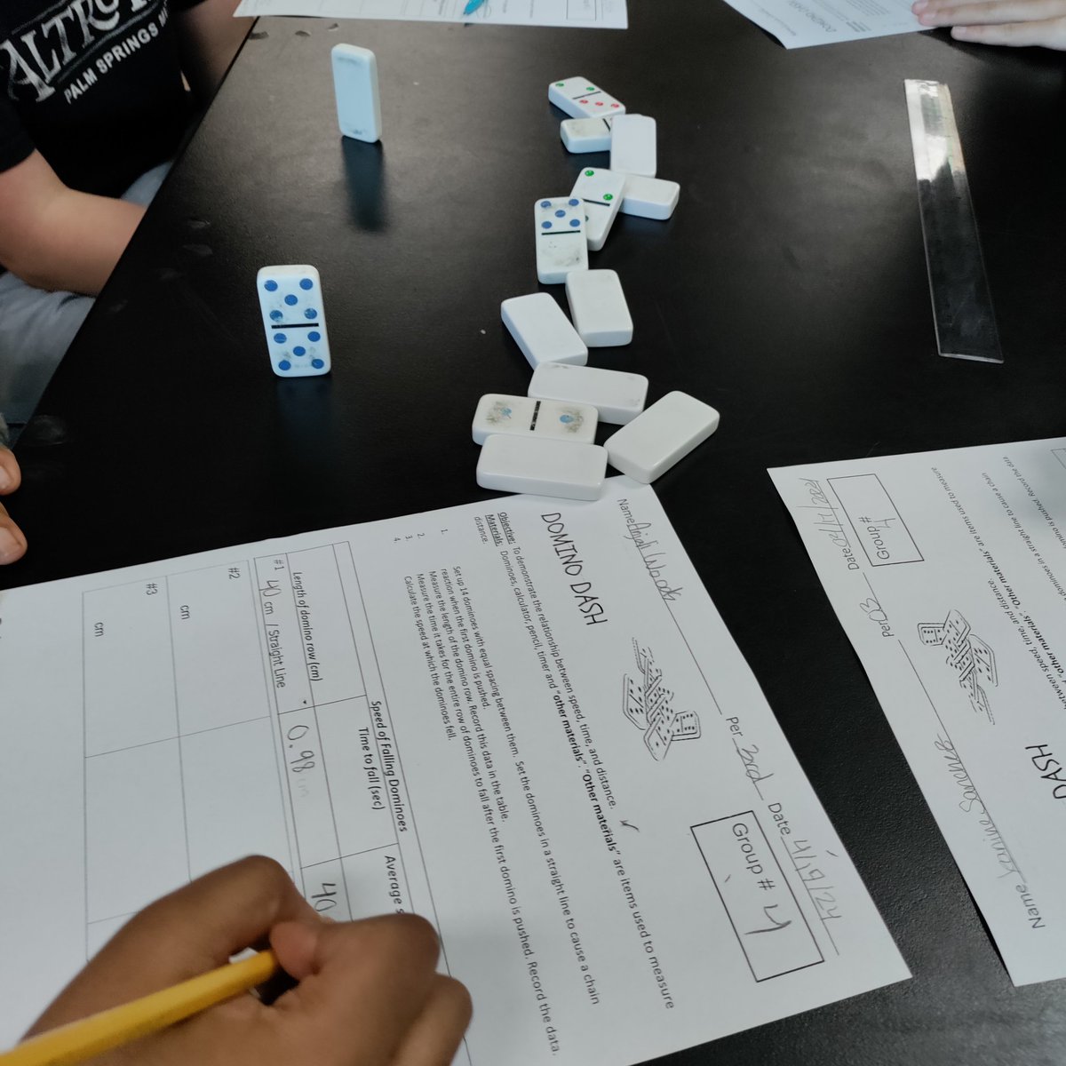 ms_vecchio1027's tweet photo. "Domino Dash"! How fast are the Dominoes falling? Measuring, calculating average speed, designing shapes and just having fun. https://t.co/KmOCi53gi3