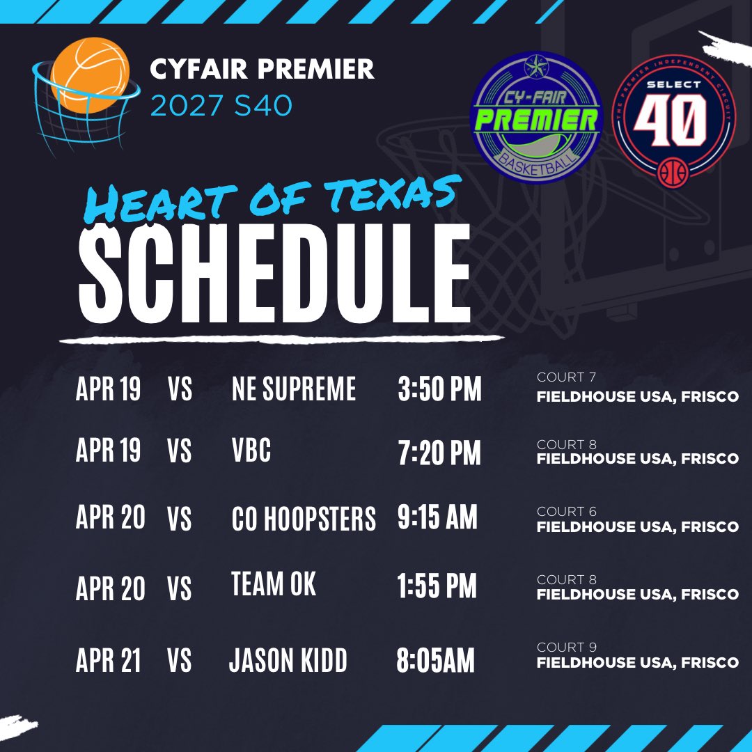 Ready for our first @SelectEventsBB circuit tourney at Heart of Texas this weekend! Come check us out at Fieldhouse USA, Frisco!! @cyfairpremier @FwoodGirlsBball