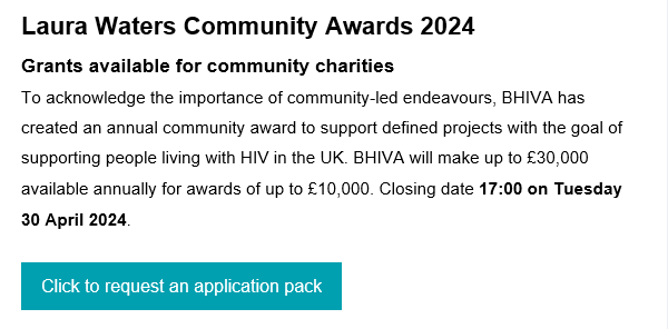 Delighted that applications for the new @BritishHIVAssoc community aware are open.....!! Thank you to the BHIVA executive & Officers for supporting this 🥰 Contact bhiva@bhiva.org for an application pack. PLEASE SHARE WITH ANY COMMUNITY ORGANISATIONS WHO MAY BE INTERESTED!